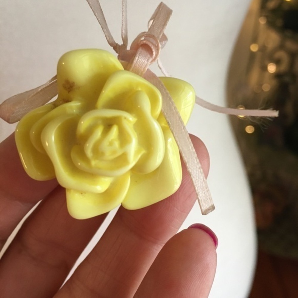 Sweet Yellow Rose Pendant Pink Ribbon Handmade